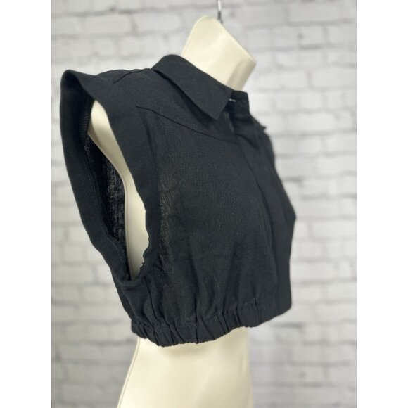 7 For All Mankind Black Cropped Elastic Waist Button Up Collared Top Size XS - Picture 5 of 7